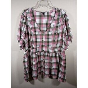 Torrid Pink Babydoll Plaid Balloon Short Sleeve Button Top Plus Size 4X